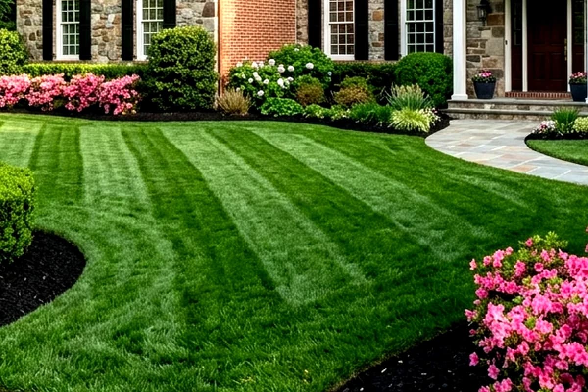 Close-up of crisp edging lines along a sidewalk and planting bed
