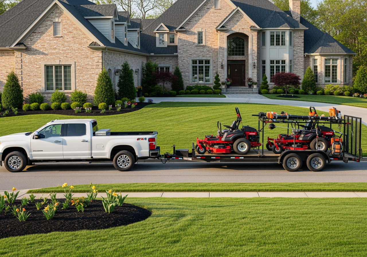 Lawn care service truck and mulch installation trailer in Gaithersburg MD